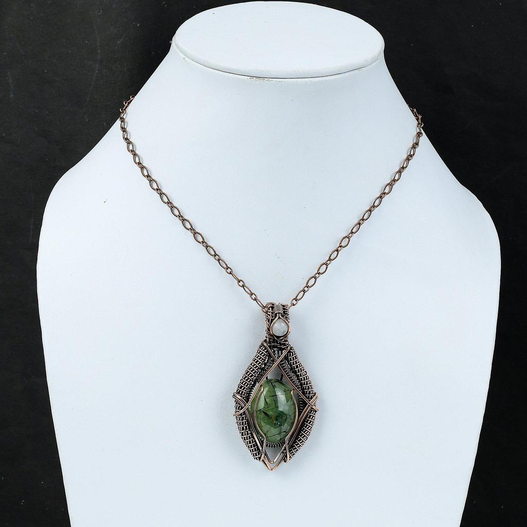 Подвеска из мха-пренита, медная проволока, кулон с драгоценным камнем, ювелирные изделия ручной работы, подвеска из проволоки с радужным лунным камнем, подарок для мамы, медные украшения