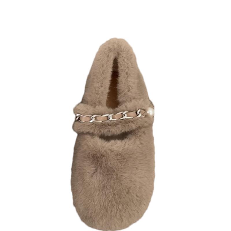 Модные женские туфли на плоской подошве с меховой цепочкой, осенняя новая дизайнерская повседневная обувь для женщин 2024 года, трендовая домашняя хлопковая обувь, удобное платье для прогулок Mujer Zapatos