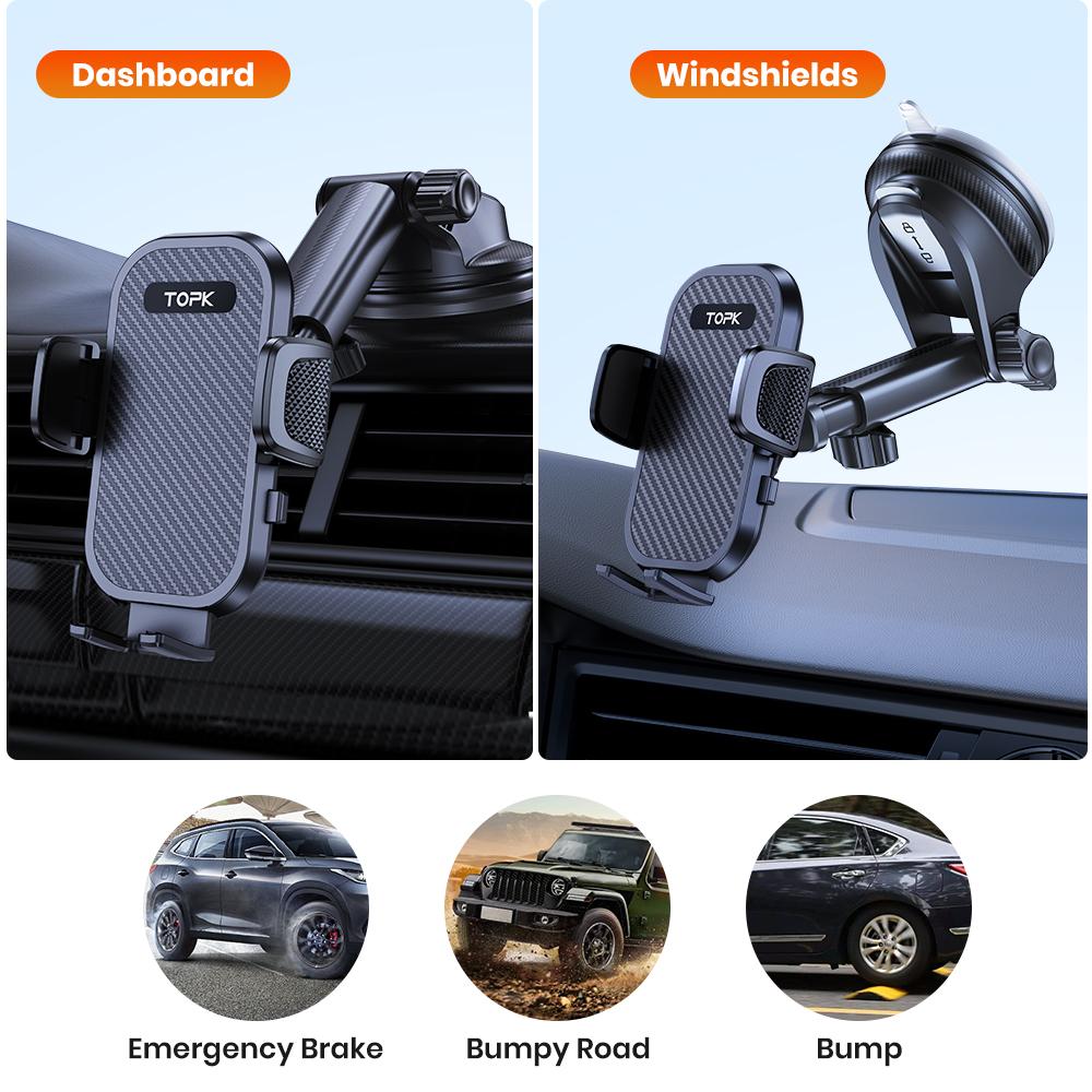 TOPK Car Phone Holder Mount Suction Cup - Super Stable Anti-Shake 360° Rotation One Button Release for All Phones