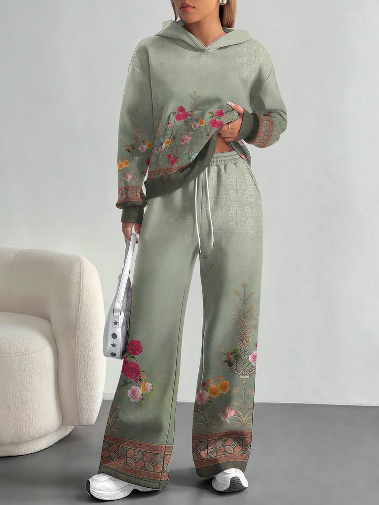 Bohemian Style European And American Autumn And Winter Casual Long-Sleeved Suit Women'S Hooded Sweater Trousers Suit