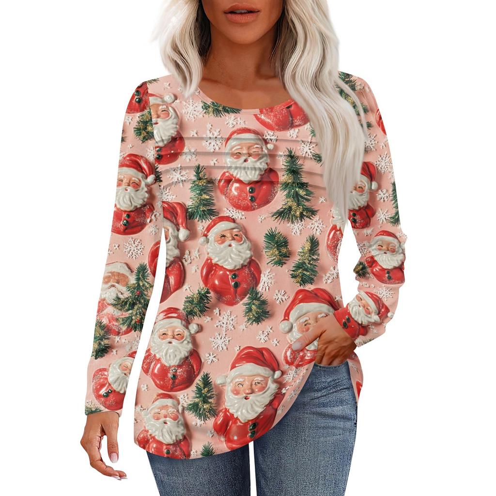 Женская повседневная мода рождественский принт круглый вырез плиссированный длинный рукав топ