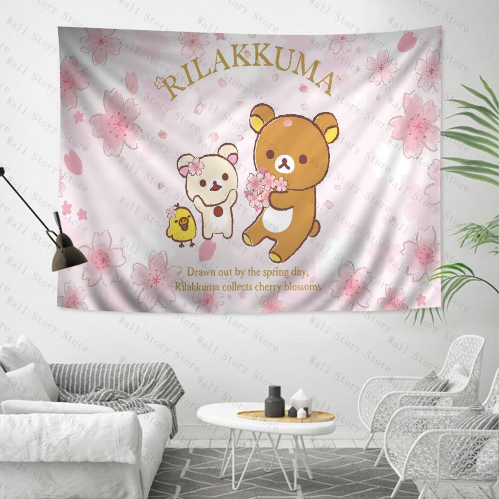 Rilakkuma Bear Anime Tapestry Hippie Flower Wall Carpets Dorm Decor Cheap Hippie Wall Hanging Bedroom Tapestry Bedside Tapestry