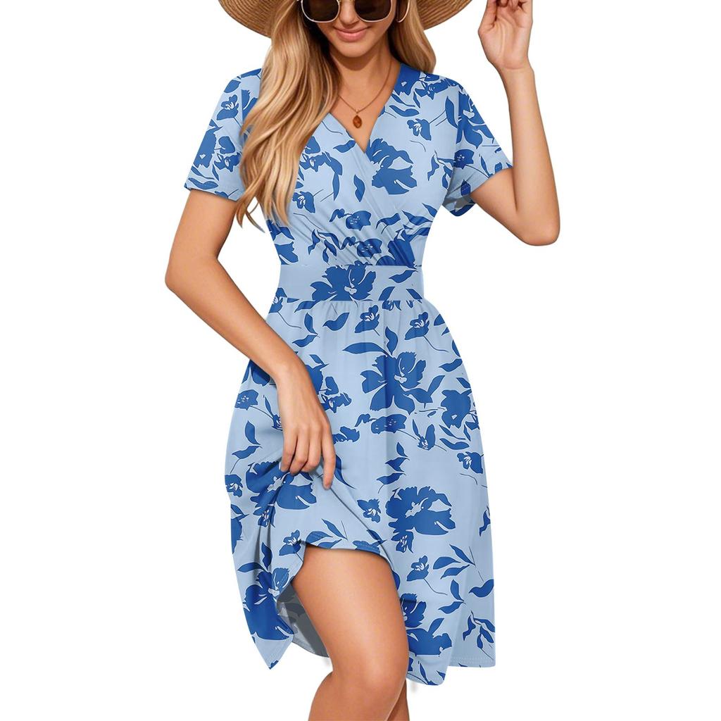 Элегантное и повседневное женское платье с красочным принтом, V-образным вырезом и короткими рукавами.