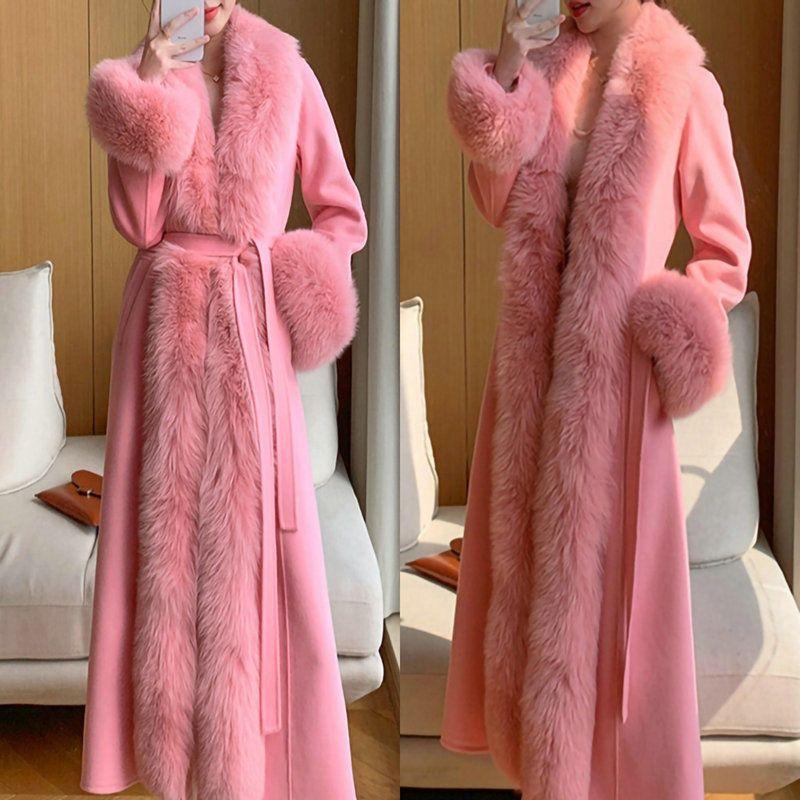 Новый утолщенный шерстяной меховой воротник кашемировое новое пальто из искусственной норки пальто из искусственной кожи длинное пальто знаменитости