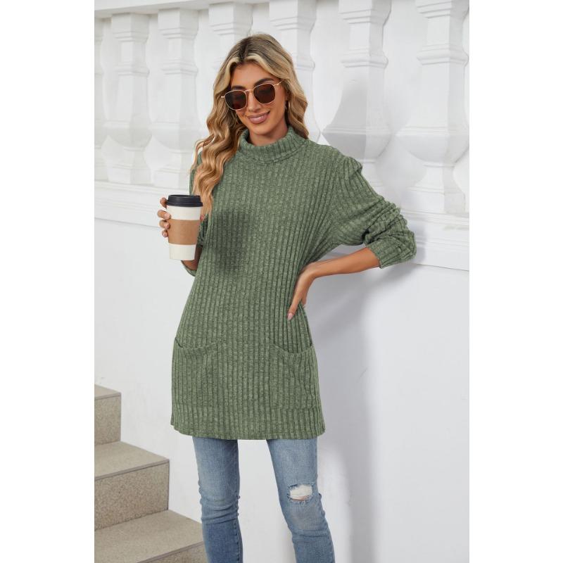 Autumn and Winter Women's Blouse Solid Colour Half-high Neck Long Sleeve Loose Pocket Tops