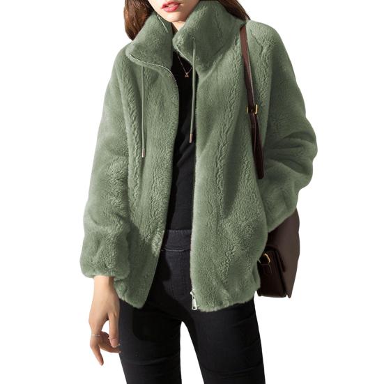 Осенне-зимний женский кардиган, пальто, двусторонний меховой плюш, застежка-молния, воротник-стойка, длинные рукава, утолщенный однотонный коралловый флис, трикотажная куртка