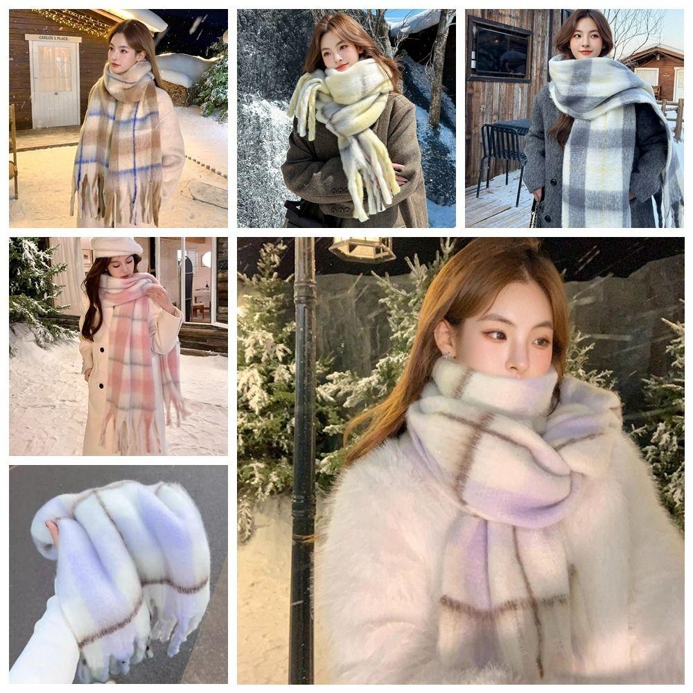 Checkered Winter Cashmere Scarves Korean Style Women Shawl Casual Wool Tassel Scarf  Autumn