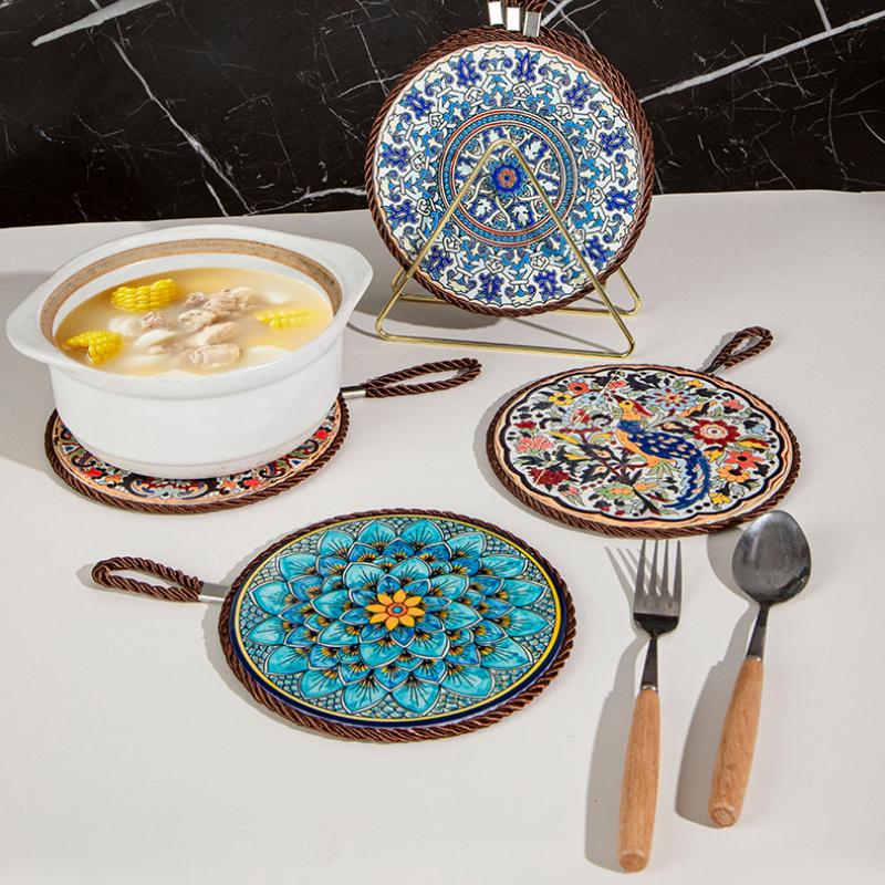 Ceramic Insulation Placemat Anti-scalding Anti-Slip Ethnic Style Dining Table Pan Mat Vintage Cork Placemat Cups Mat Kitchen New