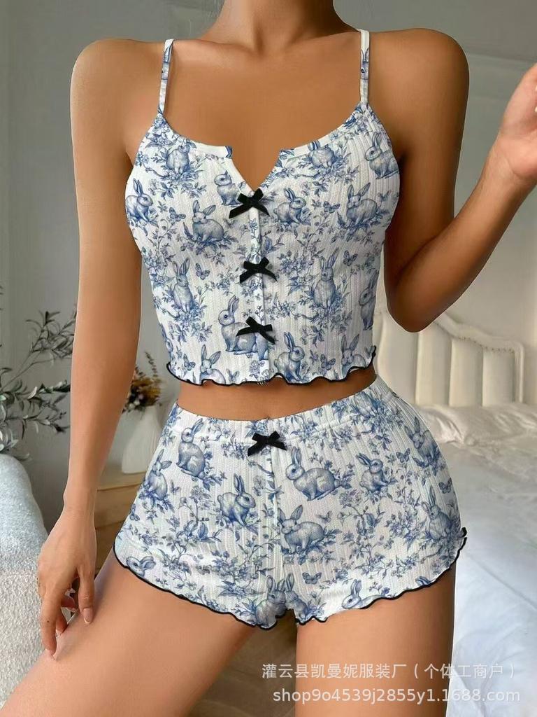 Cherry temptation hot-selling loungewear love print suspender shorts casual wear women's pajamas set