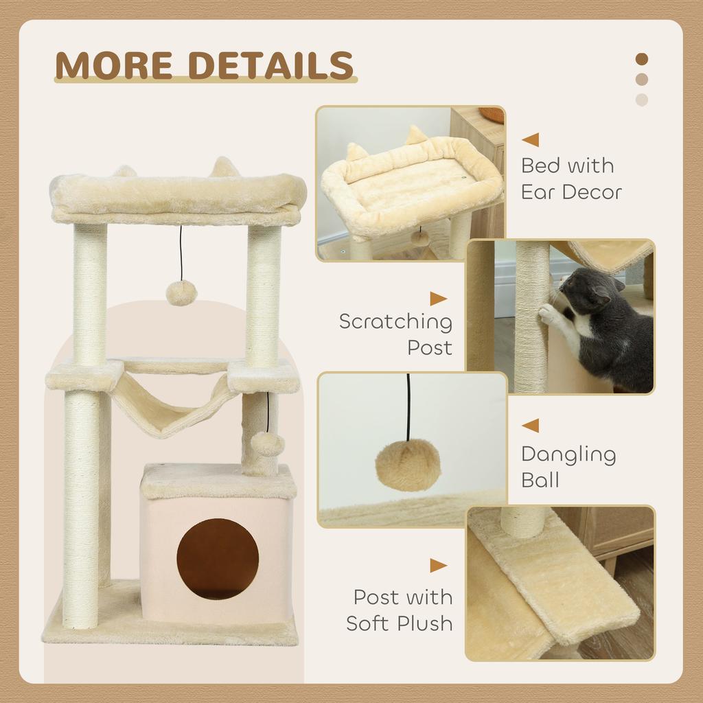 Cat Tree 90cm Cat Tower With Sisal Scratching Posts Cat Condo Hammock Top Perch And 2 Hanging Toys For Cats Beige