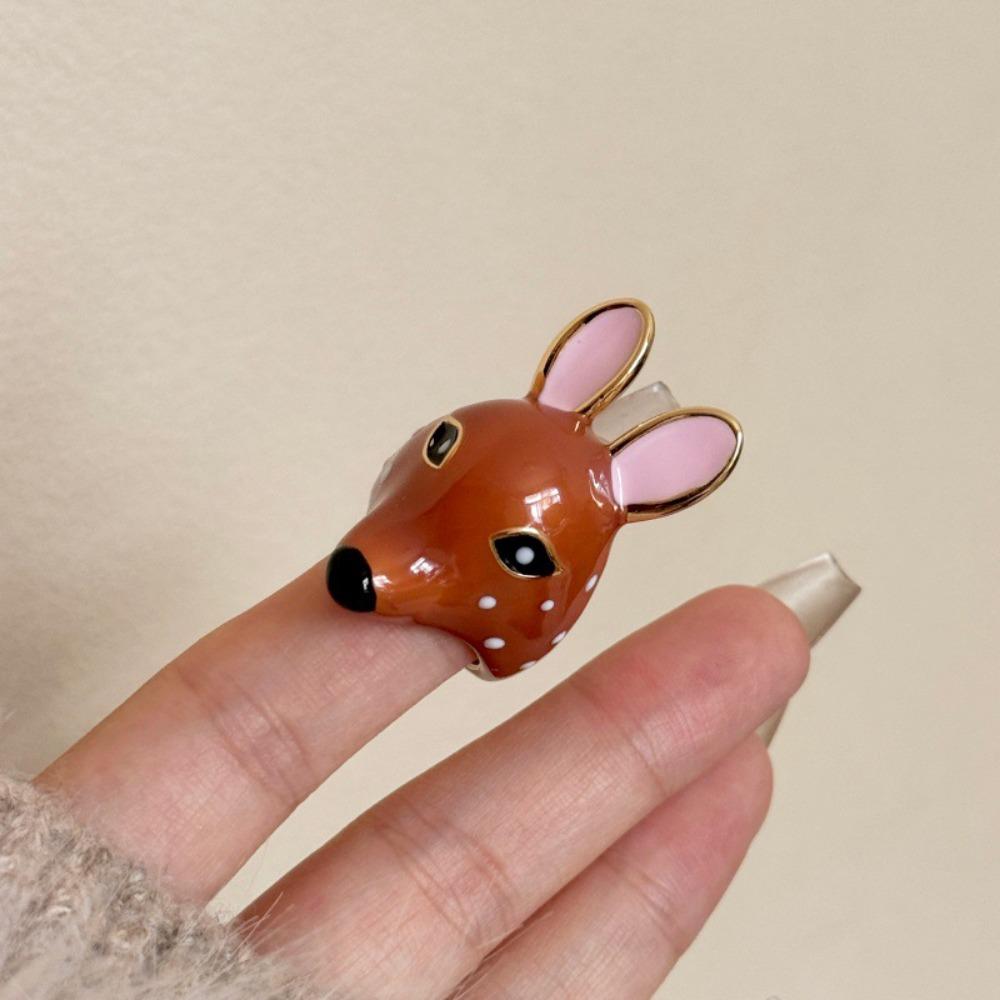 Creative Geometric Deer Drip Oil Ring Brown Opening Enamel Ring Animal Minority Design Chunky Animal Ring Decoration
