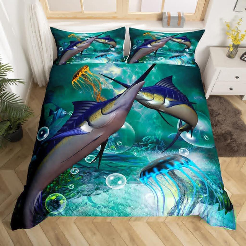 Marlin Swordfish Duvet Cover Set Hunting Fishing Bedding Set Tie Dye Sea Fishing Boat Marine Life Nautical Comforter Cover Queen