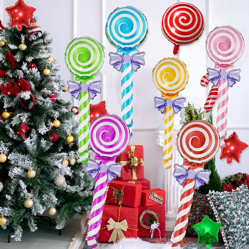 12Pcs Lollipop Foil Balloons with Bow Swirl Candy Lollipop Handheld Balloon Stick for Candyland Birthday Baby Shower Party Deco 5