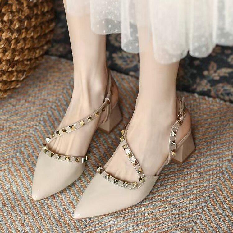 2025 Summer New Mid-heel Nude High Heels French Niche Thick Heel Pointed Head Rivet Bag Head Empty Sandals Women