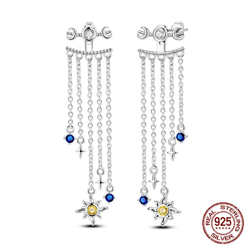 Original 100% 925 Silver Geometric Sun Moon And Stars Tassel Women's Earrings Party Anniversary Gift