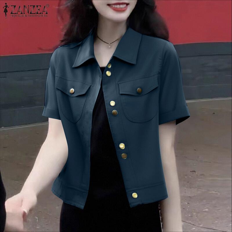 ZANZEA Женская повседневная блузка с отложным воротником и коротким рукавом