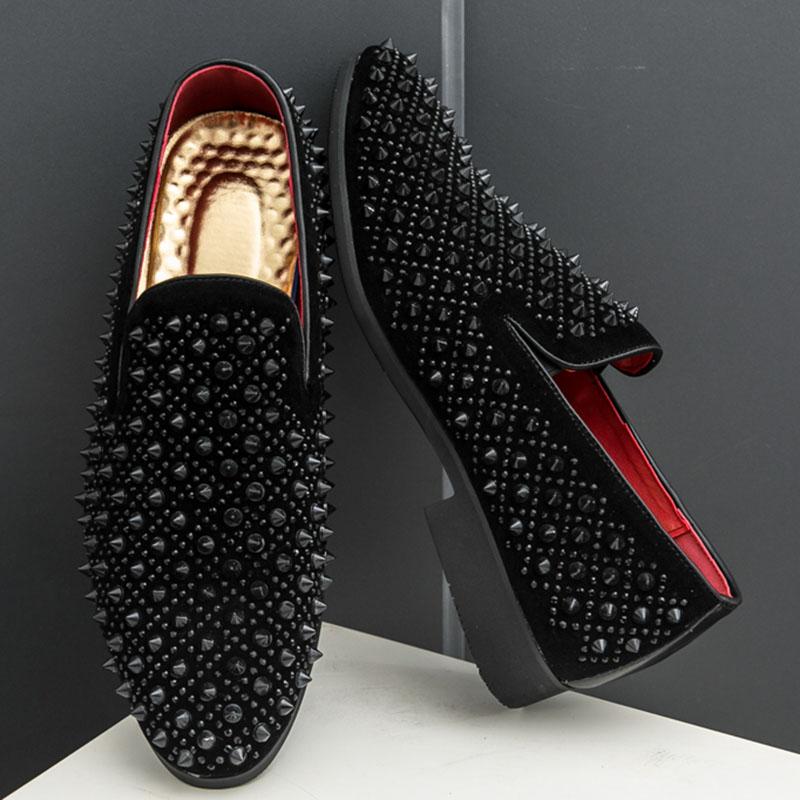 Men Black Rivet Rhinestones Pointed Slip On Shoes Designer Rock Punk Loafers Formal Wedding Prom Dress Footwear