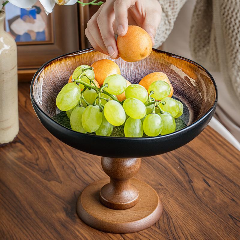 Luxury Vintage Wooden High Foot Fruit Plate Ceramic Snack Tray Home Decor