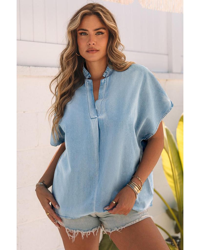 Azura Exchange Джинсовая блузка свободного кроя с V-образным вырезом