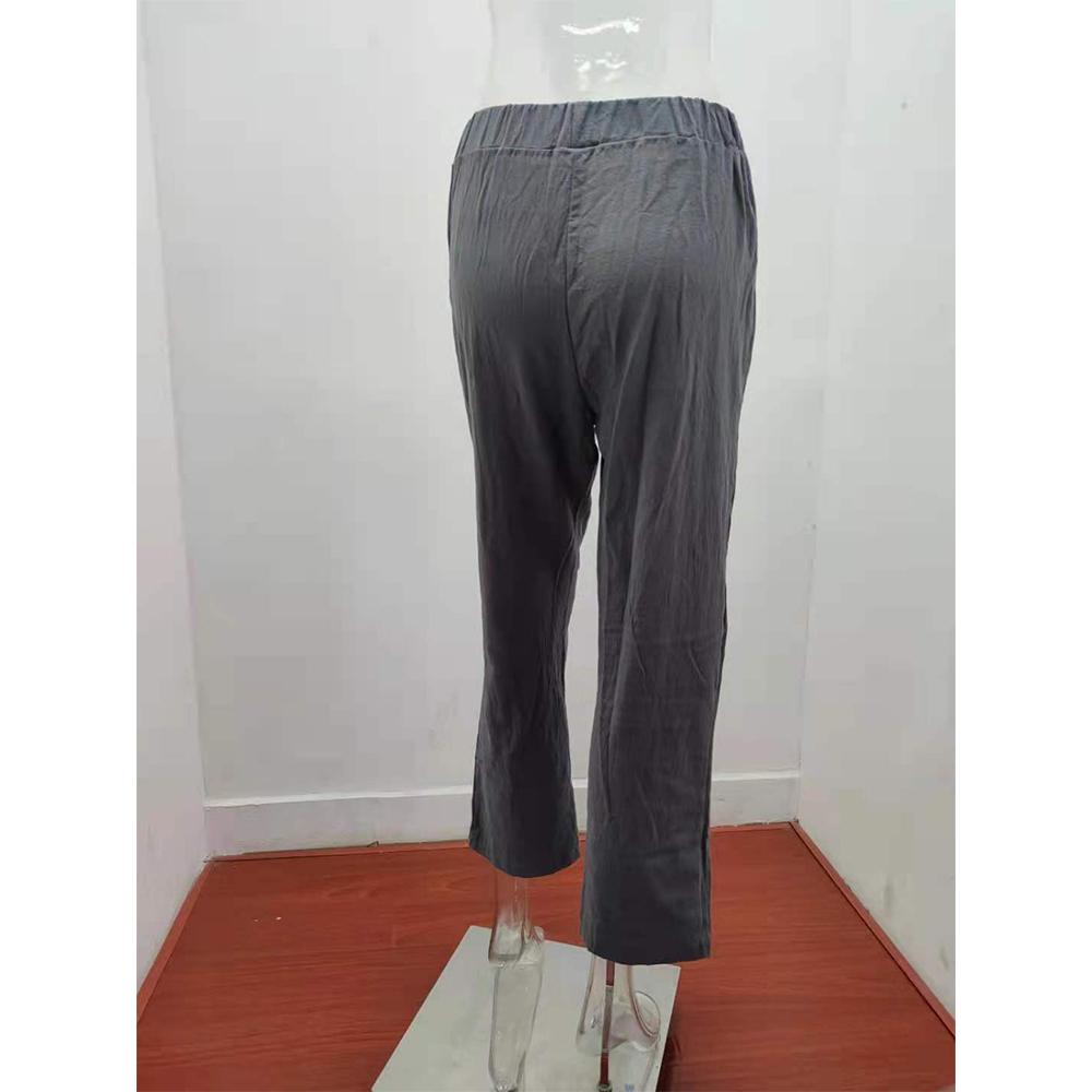 Женские льняные хлопковые брюки, осенние повседневные однотонные прямые брюки с эластичной резинкой на талии, свободные длинные брюки 2021