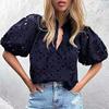 Женская рубашка с воротником-стойкой и V-образным вырезом, коротким рукавом, ажурным вышитым цветочным узором, кружевная блузка, повседневные нарядные топы