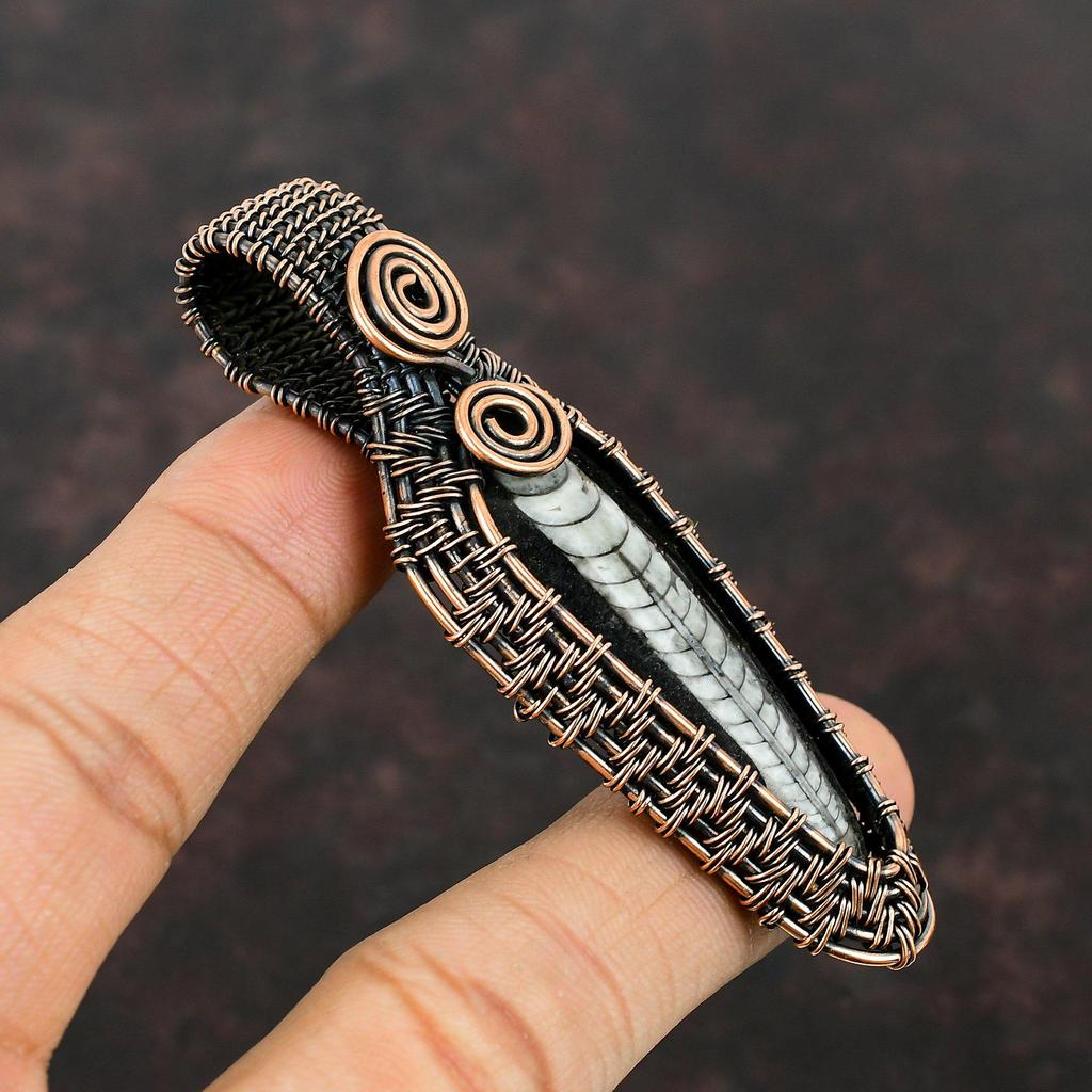 Orthoceras Ископаемый кулон, медная проволока, кулон, уникальный кулон ручной работы, медная проволока, ювелирные изделия, кулон из натурального драгоценного камня, подарок для нее