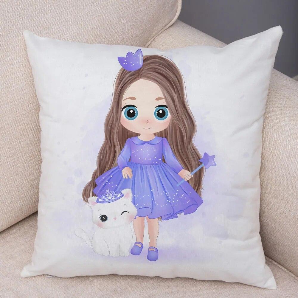 Children's Room Sofa Home Pillowcase Cute Cartoon Girl and Cat  Decoration  Animal Cushion Cover