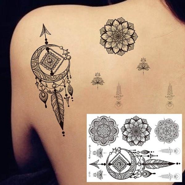 Мандала цветок временные татуировки наклейки ключицы руки назад тела ретро черные одноразовые поддельные татуировки водостойкие для сексуальных женщин