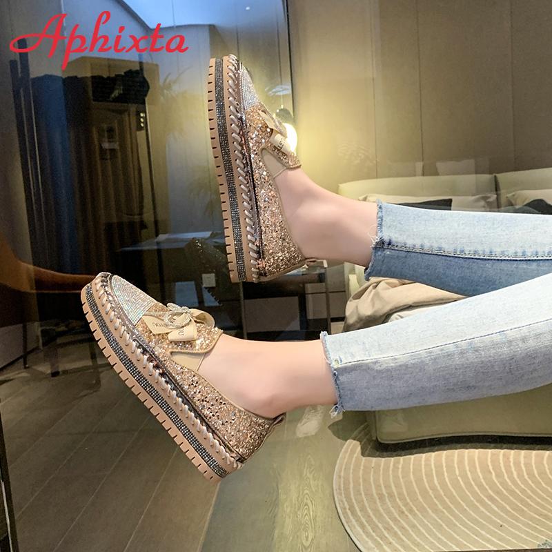 Fashion Aphixta 2025 New Luxury Crystals Bowknot Sequined Flat With Platform Shoes Loafers Couple Woman Fashion Shoes Plus Size 44