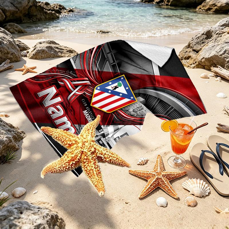 Custom Name Personalized Atletico Madrid Print Beach Towel, for Trip Camping Beach Party Home Decor, Birthday Gift for Family & Friends