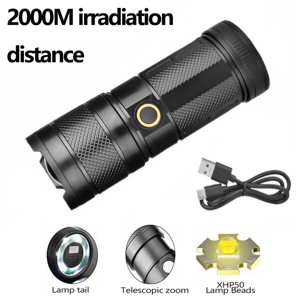 High Power White Laser Flashlight LED Outdoor Zoom Multifunctional Flashing Rechargeable Power Bank Strong Light P50 Flashlight