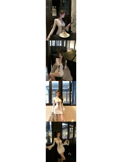 V-Neck Flared Long Sleeve Slim Fit Hip-Hugging Short Dress - 2025 Autumn/Winter French Style Women's Wear