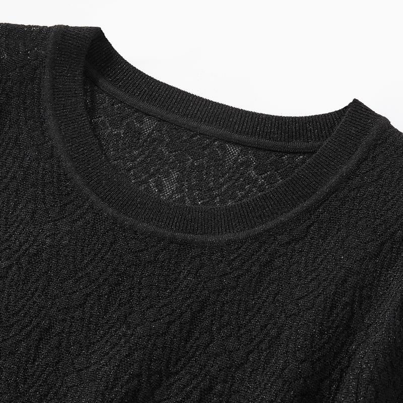 Cotton silk round neck short sleeved spring/summer bubble sleeve knitted versatile crochet commuting knit sweater exquisite and elegant style