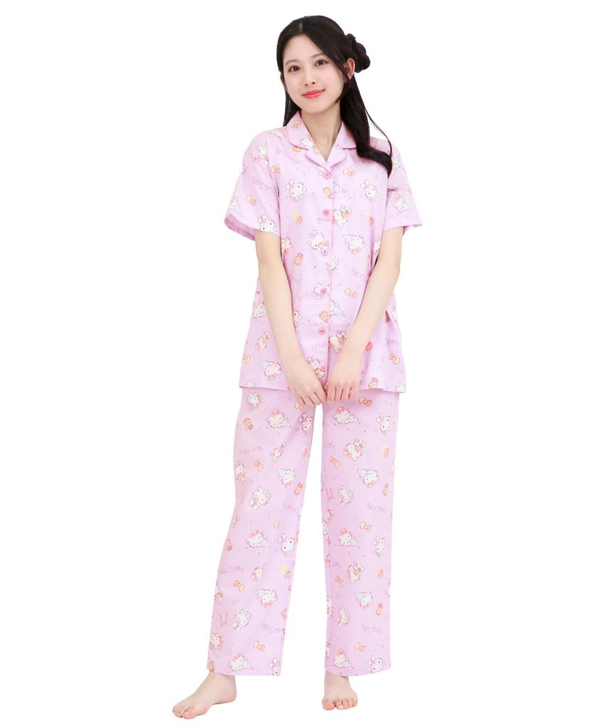 SAZAC Sleepy Hello Kitty Shirt Cotton Short Sleeve and Long Pants Set Pajamas, 100% Broadcloth, Women's (Purple/M/SAN1945)