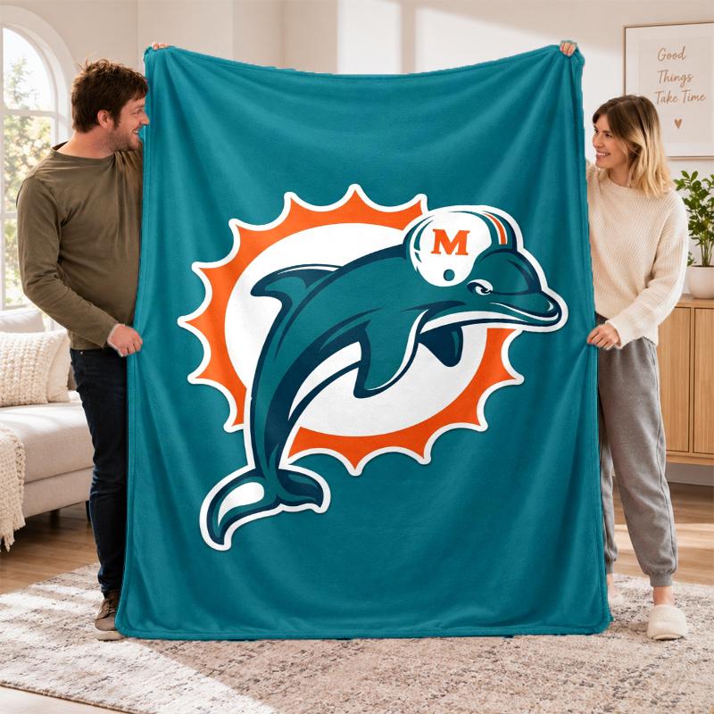 Flannel Fleece Blanket with Miami Dolphins Design, Soft Lightweight Throw for Bed Sofa Travel
