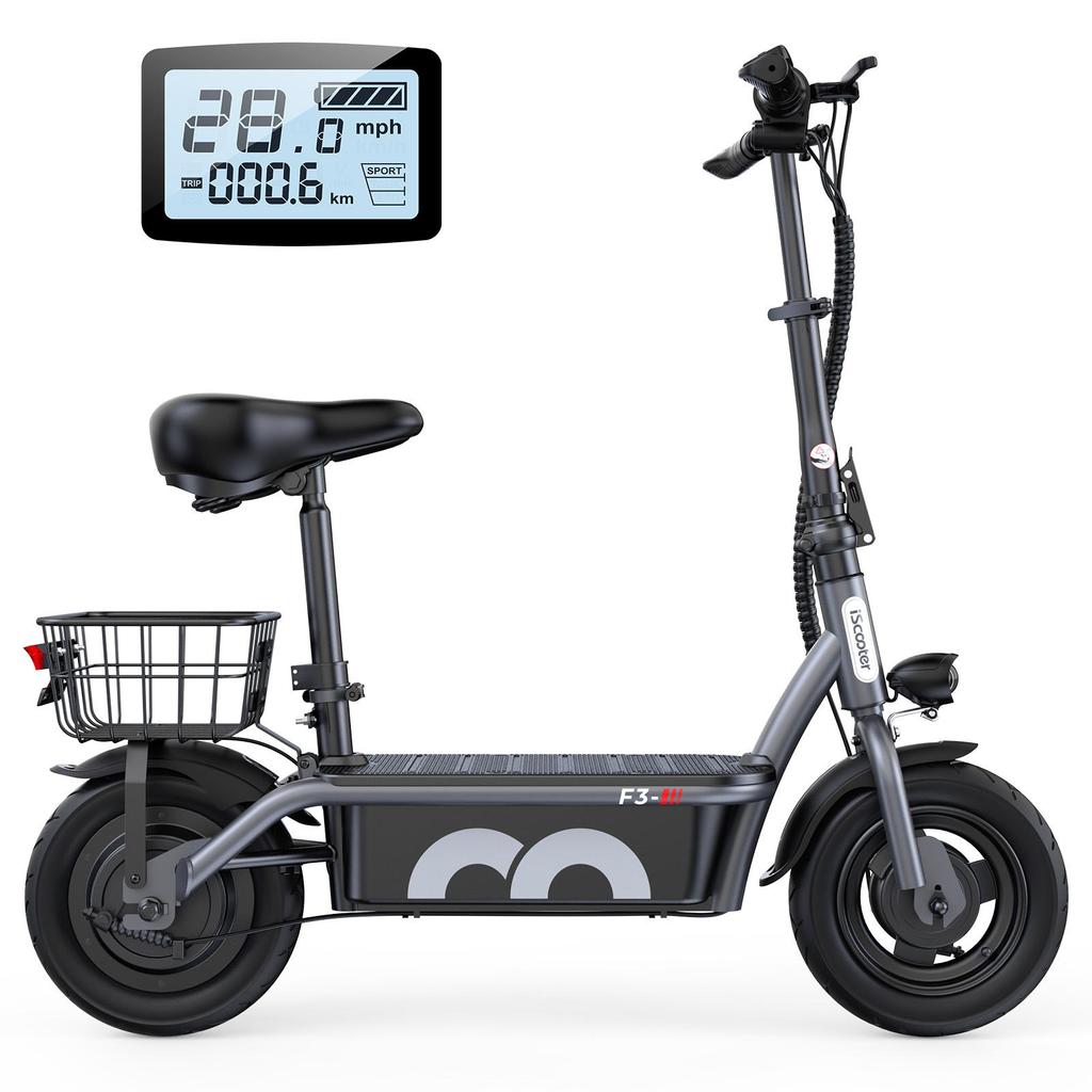 IScooter F3 10'' Электросамокат 1000W Мотор Аккумулятор 48V/13Ah Макс. скорость 45км/ч Сиденье и корзина Маленький самокат для покупок