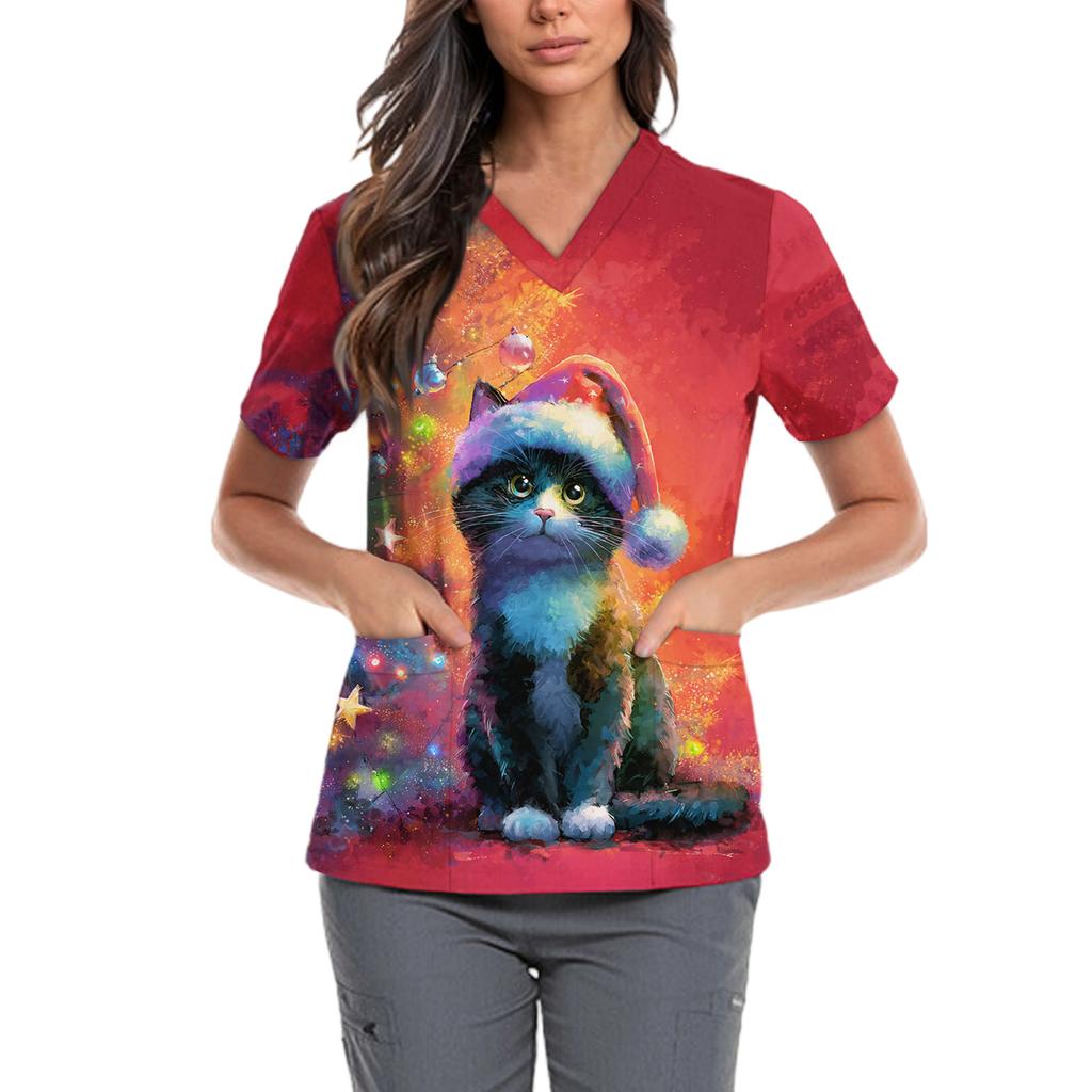 Женская милая блузка с принтом бантиков, рабочая одежда, V-образный вырез, двойной слой, карманы, базовая, с коротким рукавом, пуловер