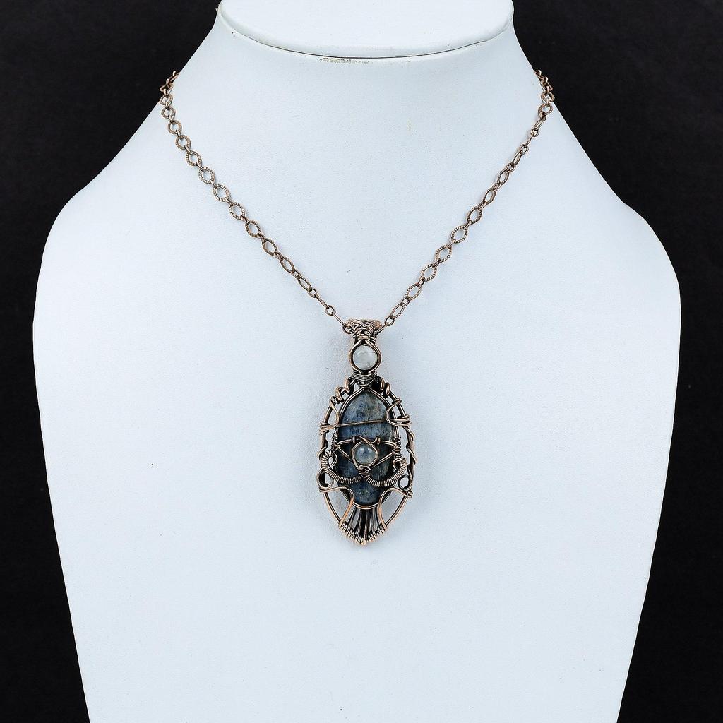 Подвеска с кианитом от сглаза, медная проволока, кулон, ювелирные изделия из драгоценных камней, подвеска из радужного лунного камня, медные украшения, кулон ручной работы, подарок для него