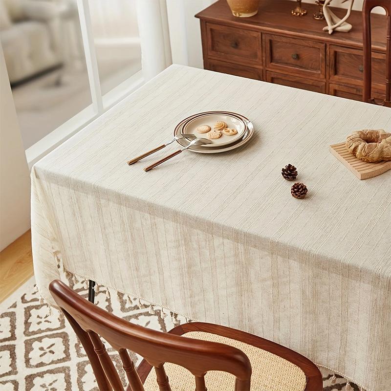 Amazon Popular Japanese-Style Striped Linen Tablecloth Tables And Chairs Simple Plain Tassel Atmosphere Decorative Cloth Dining Table
