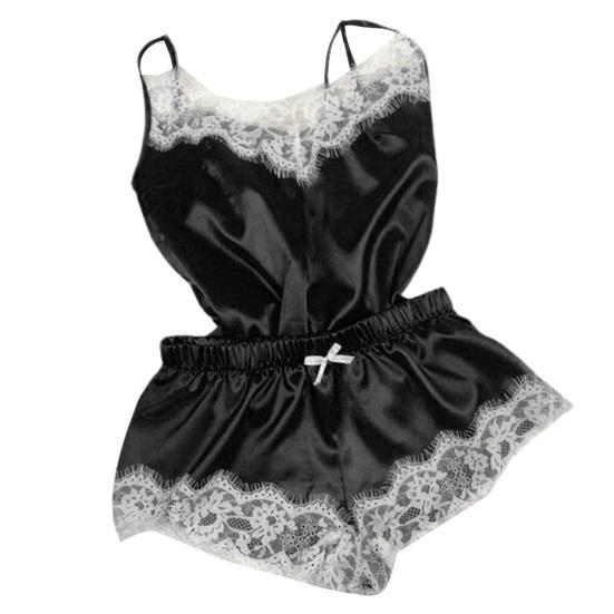 Spaghetti Strap Lace Stitching Vest Shorts Set Imitation Satin V-Neck Sleeveless Pajama Set for Wedding Night