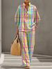 European and American Lazy Style Printed Color-Block Set, Breathable Bamboo Joint Linen Loose Wide-Leg Pants, Everyday Vacation Two-Piece