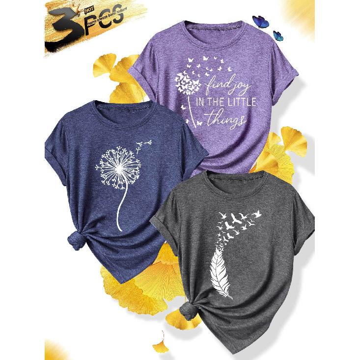 3Elegant plus-size short-sleeve outfit for sisters to attend parties T Shirt Dandelion Bird Find Joy Printed plus-size women's casual sportswear for