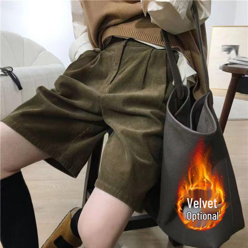 Вельветовые шорты А-силуэта в ретро-стиле с высокой талией - Женские осенние и зимние повседневные шорты с широкими штанинами, расклешенные от колена.