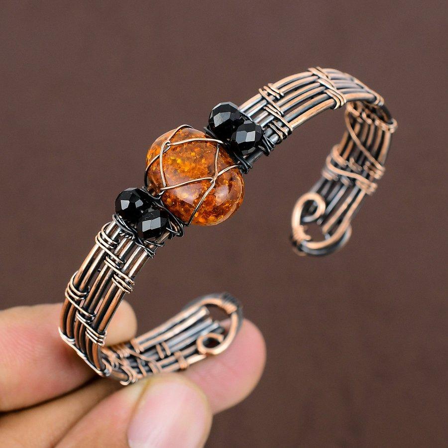Natural Baltic Amber Handmade Copper Wire Wrap Cuff Bangle Adjustable U1q14