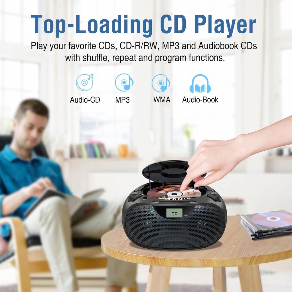 Portable Stereo CD Player Boombox with AM/FM Radio Bluetooth Speaker Player USB Playback