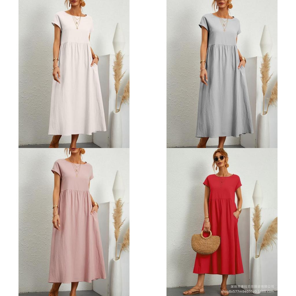 Minimalist Cotton Linen Dress With Pockets For Spring Casual Wear