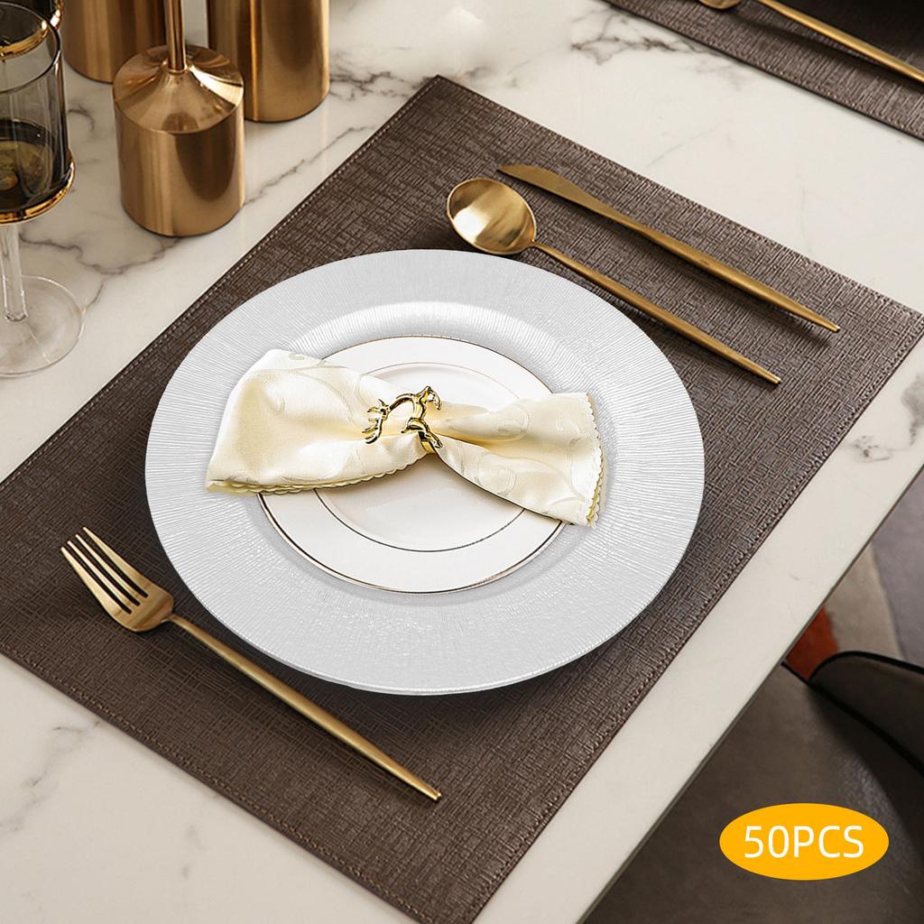 Набор из 50 серебряных подстановочных тарелок - Круглые современные одноразовые тарелки для свадьбы, вечеринки, банкета - Элегантные сервировочные подносы из ПП-пластика