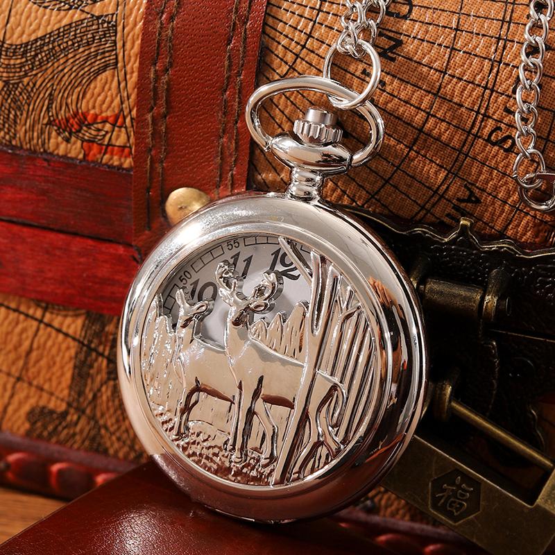 Retro Fashion Men's Silvery Pocket Watches Classics Men Necklace Pendant Quartz Pocket Watch Men Gifts
