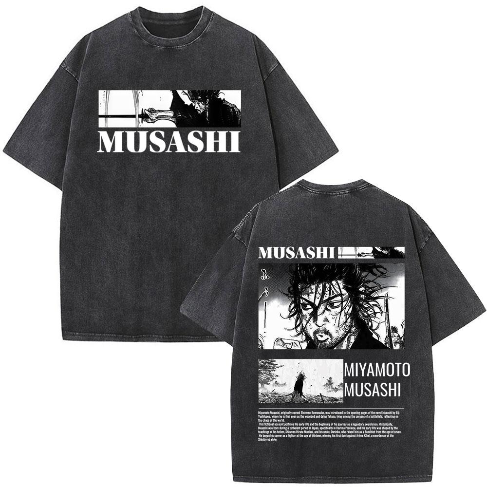 Vintage Washed Anime Vagabond Miyamoto Musashi Manga Tshirts Men Women Clothing Casual Cotton Short Sleeve Oversized T Shirts