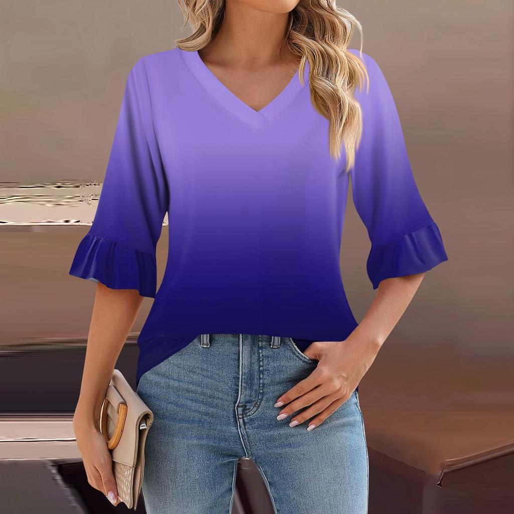 Женский повседневный топ с рукавами 3/4, летняя футболка с v-образным вырезом и пышными рукавами
